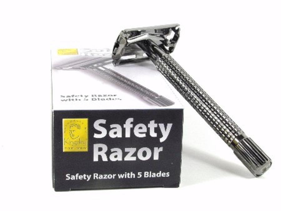 kingsley long handled safety razor with five razor blades included