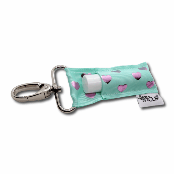 lippyclip® pink hearts on aqua lip balm holder for standard lip balm