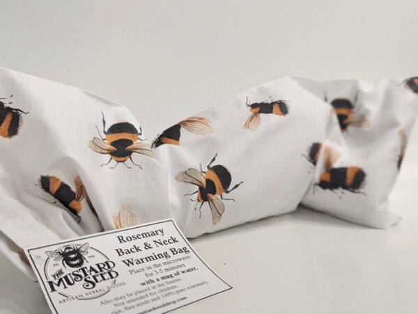 ms back & neck warming bag: rosemary bees on white fabric