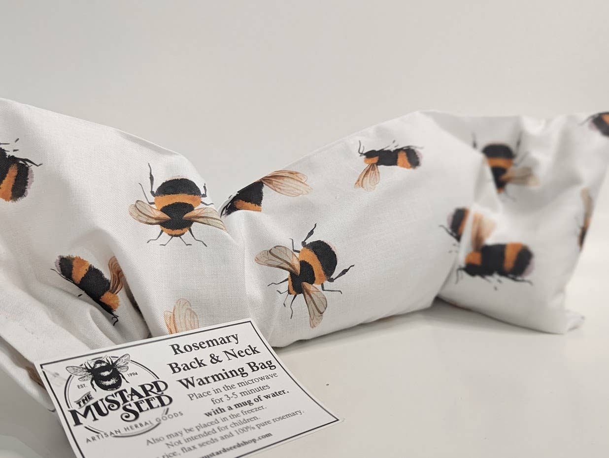 ms back & neck warming bag: rosemary bees on white fabric